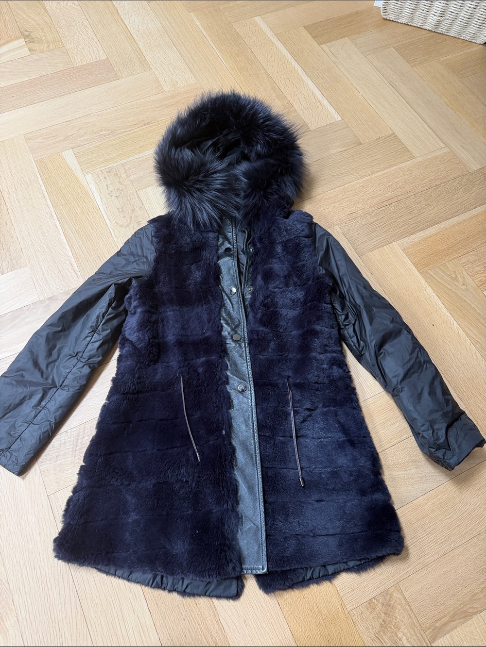 Women’s Authentic Rabbit Fur Black and Navy Hooded Coat XS